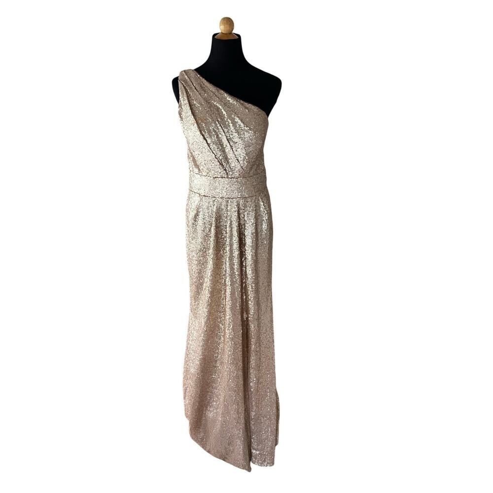 BELSOIE GOLD SEQUIN FORMAL ONE SHOULDER GOWN SIZE 14